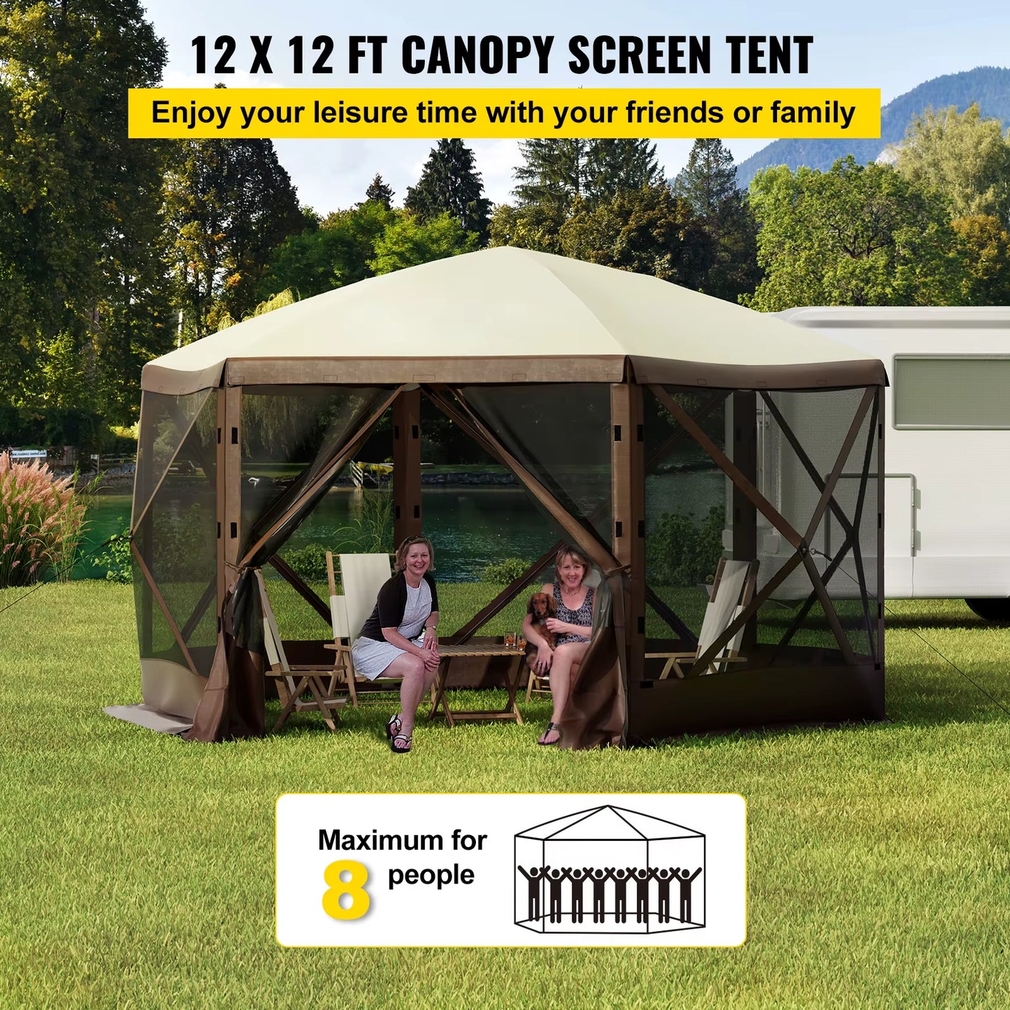 Pop-Up Camping Gazebo Camping Canopy Shelter 6 Sided 12' X 12' Sun Shade Tents & Canopies Camping & Hiking