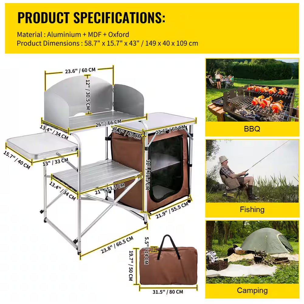 Outdoor 2-Tier Kitchen with Zippered Bag, Portable Folding Cook Table for BBQ, Party and Camping, Brown