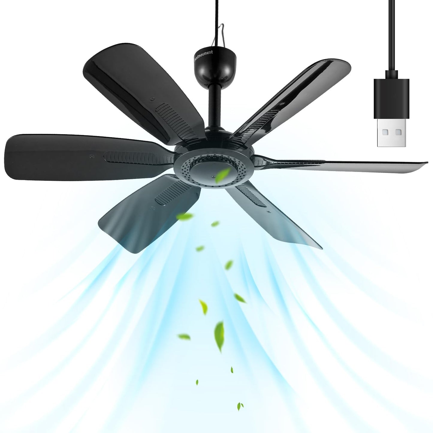 17.7" Portable Ceiling Fan, USB Plug In, 5V DC Powered, 6 Blades, Canopy, Gazebo