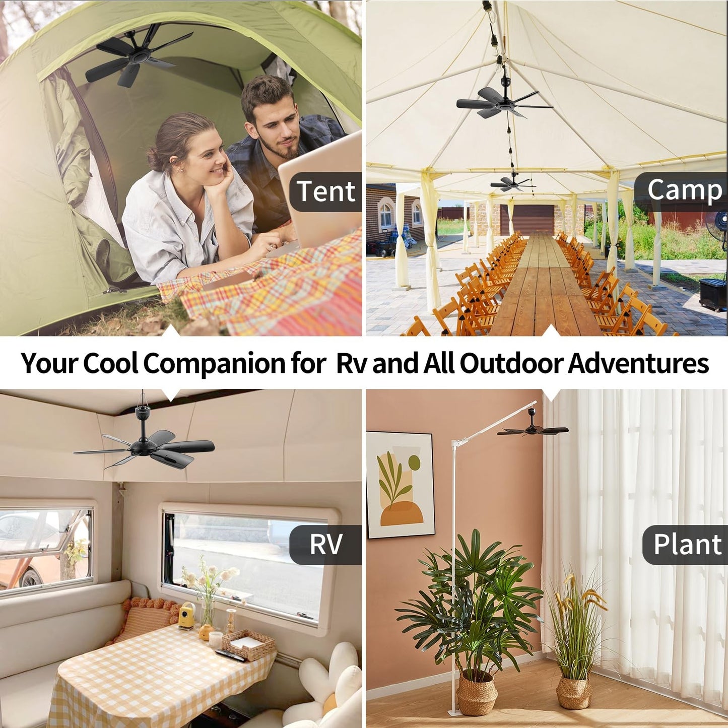 17.7" Portable Ceiling Fan, USB Plug In, 5V DC Powered, 6 Blades, Canopy, Gazebo