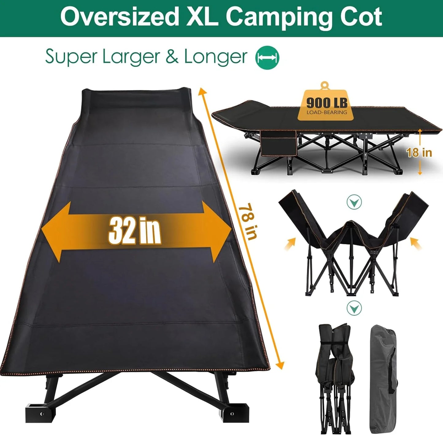 Oversized XXL Folding Camping Cots with 3.3 Inch 2 Sided Mattress, 78"* 32" Folding Bed Cot with Carry Bag, Folding Sleeping Cot Guest Bed