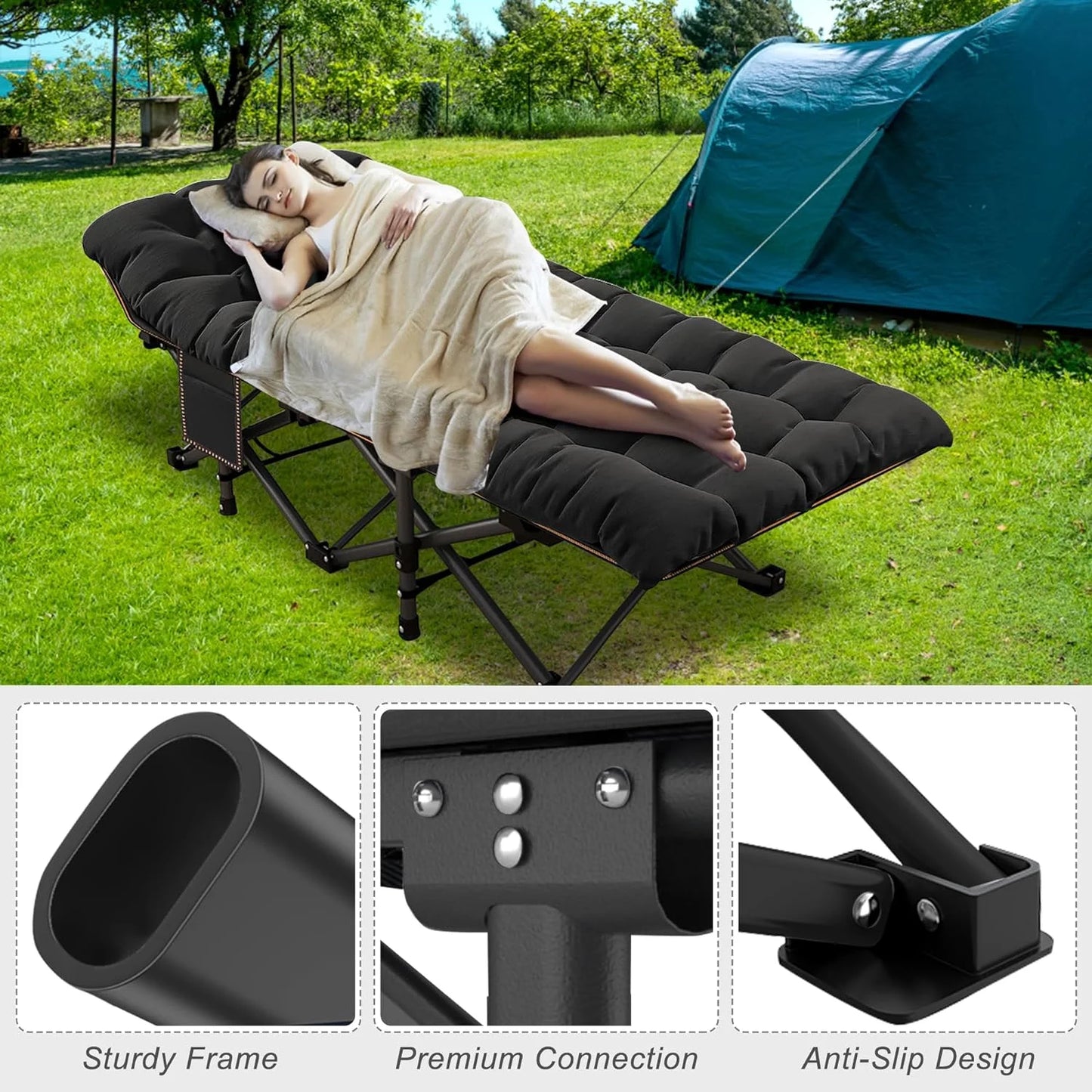 Oversized XXL Folding Camping Cots with 3.3 Inch 2 Sided Mattress, 78"* 32" Folding Bed Cot with Carry Bag, Folding Sleeping Cot Guest Bed