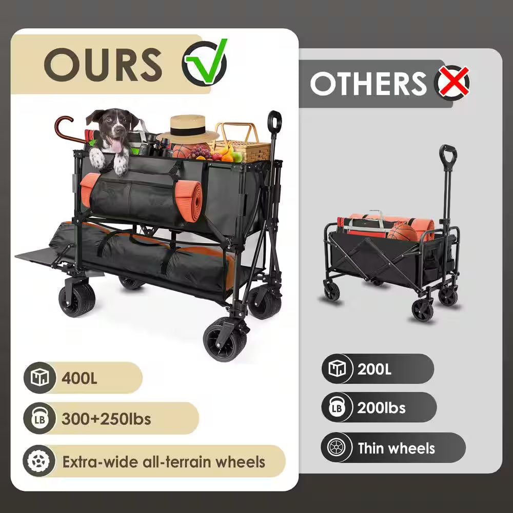 10 Cu. Ft. Foldable Wagon Cart, Black Metal, 550 Lbs. Capacity, Collapsible, Heavy Duty for Yard Work and Outdoor Use