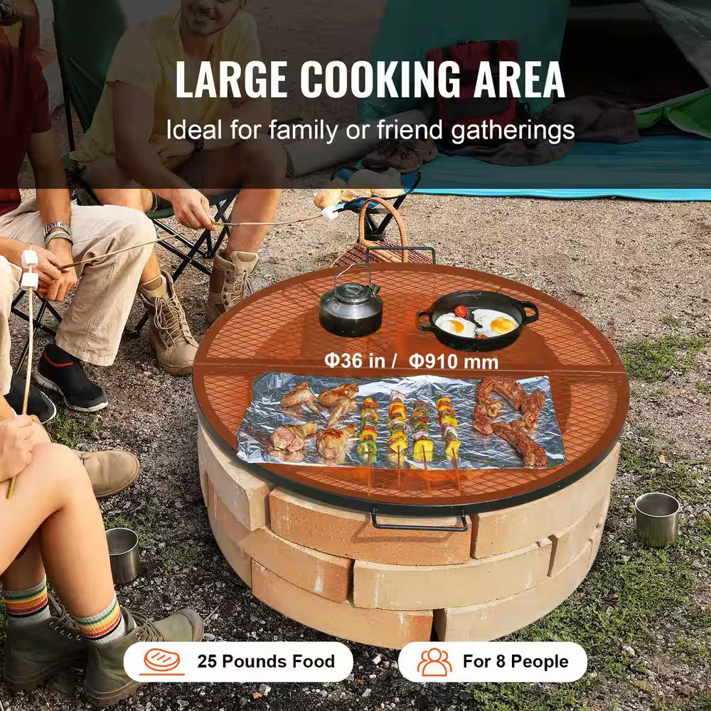 X-Marks Fire Pit Grill Grate, Foldable round Cooking Grate, Heavy Duty Steel Campfire BBQ Grill Grid with Handle