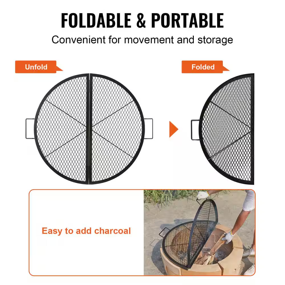 X-Marks Fire Pit Grill Grate, Foldable round Cooking Grate, Heavy Duty Steel Campfire BBQ Grill Grid with Handle
