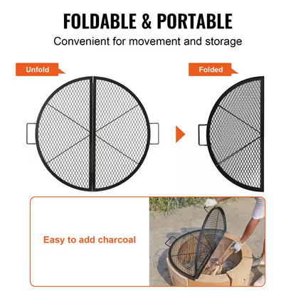 X-Marks Fire Pit Grill Grate, Foldable round Cooking Grate, Heavy Duty Steel Campfire BBQ Grill Grid with Handle