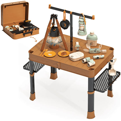 Kids Camping Toy with Folding Storage Table, Pretend Play Toys with Play Food Toddler Toys for Boys Girls 3-5 Year