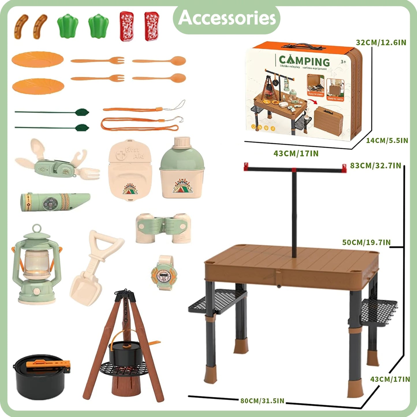 Kids Camping Toy with Folding Storage Table, Pretend Play Toys with Play Food Toddler Toys for Boys Girls 3-5 Year