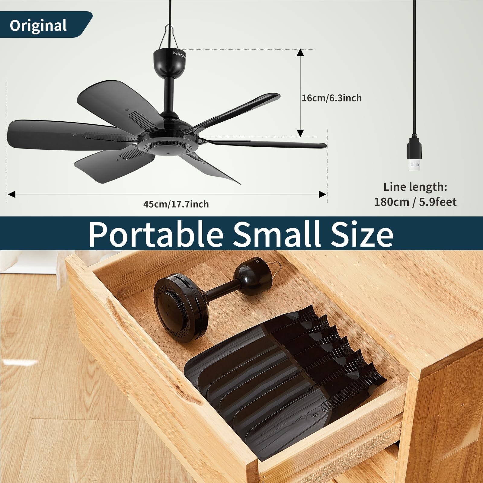 17.7" Portable Ceiling Fan, USB Plug In, 5V DC Powered, 6 Blades, Canopy, Gazebo