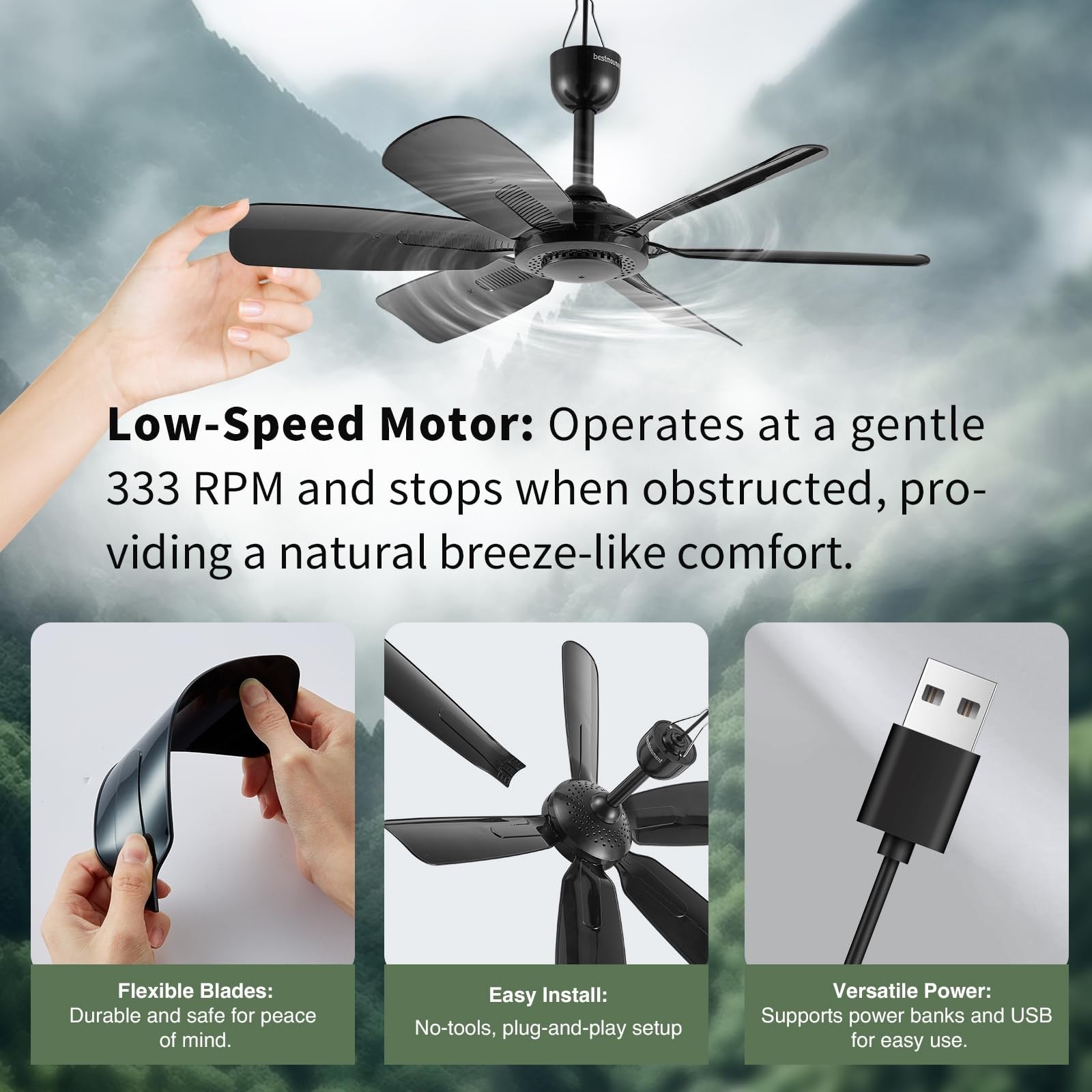 17.7" Portable Ceiling Fan, USB Plug In, 5V DC Powered, 6 Blades, Canopy, Gazebo