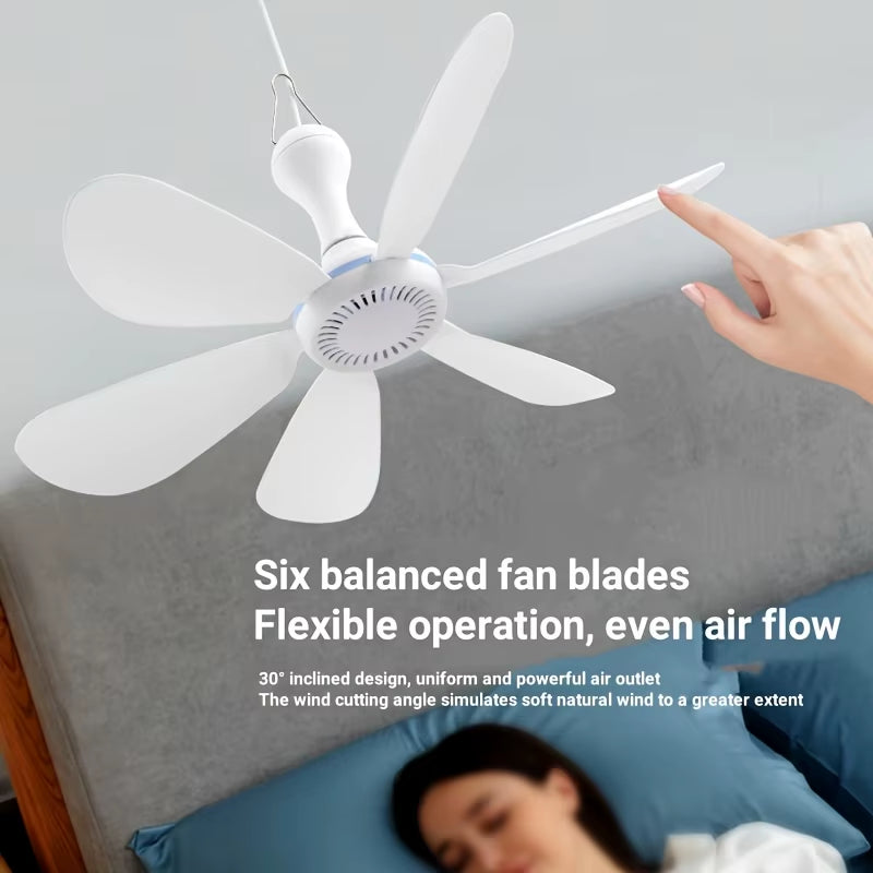 USB Fan Silent 6-Blade Ceiling Fan 4-Speed Hanging Fan for Camping Bed Camping Outdoor Hanging Camper Tents