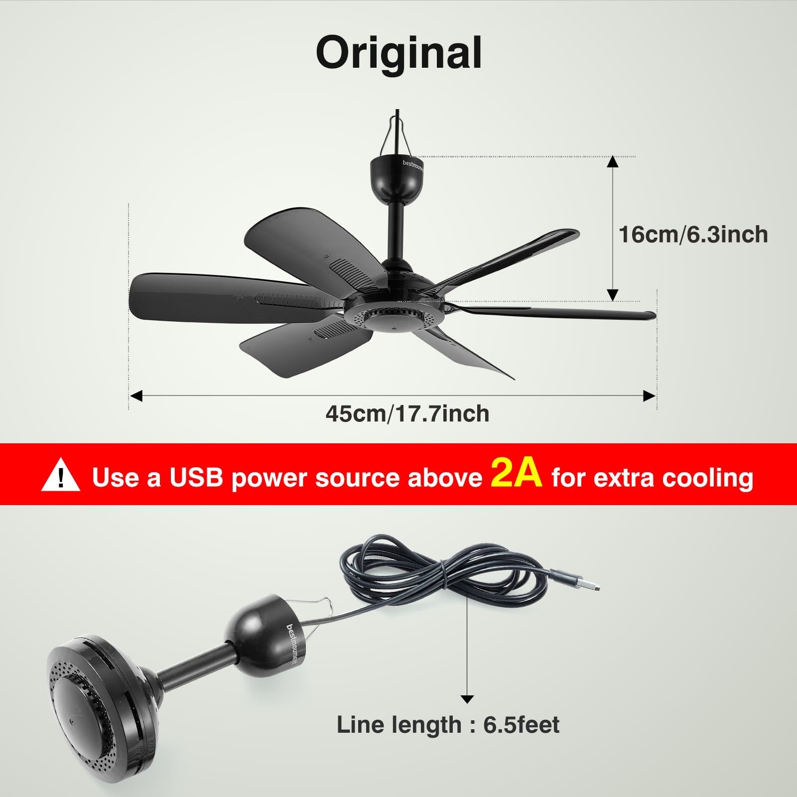 17.7" Portable Ceiling Fan, USB Plug In, 5V DC Powered, 6 Blades, Canopy, Gazebo