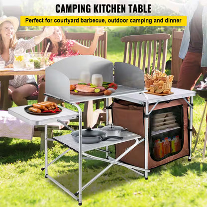 Outdoor 2-Tier Kitchen with Zippered Bag, Portable Folding Cook Table for BBQ, Party and Camping, Brown