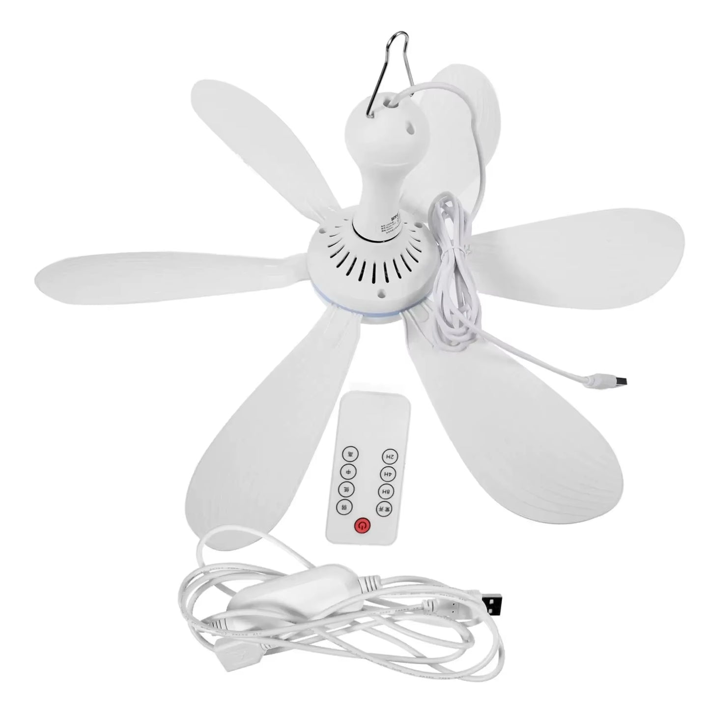 USB Fan Silent 6-Blade Ceiling Fan 4-Speed Hanging Fan for Camping Bed Camping Outdoor Hanging Camper Tents