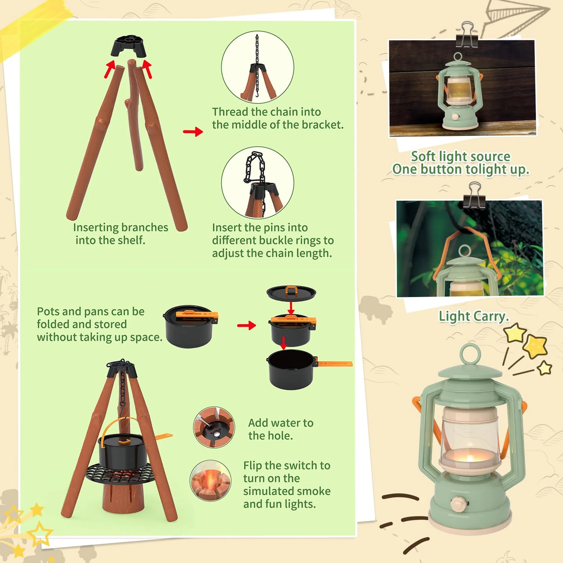 Kids Camping Toy with Folding Storage Table, Pretend Play Toys with Play Food Toddler Toys for Boys Girls 3-5 Year