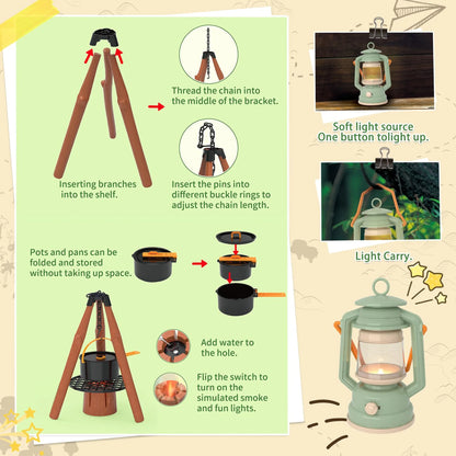 Kids Camping Toy with Folding Storage Table, Pretend Play Toys with Play Food Toddler Toys for Boys Girls 3-5 Year