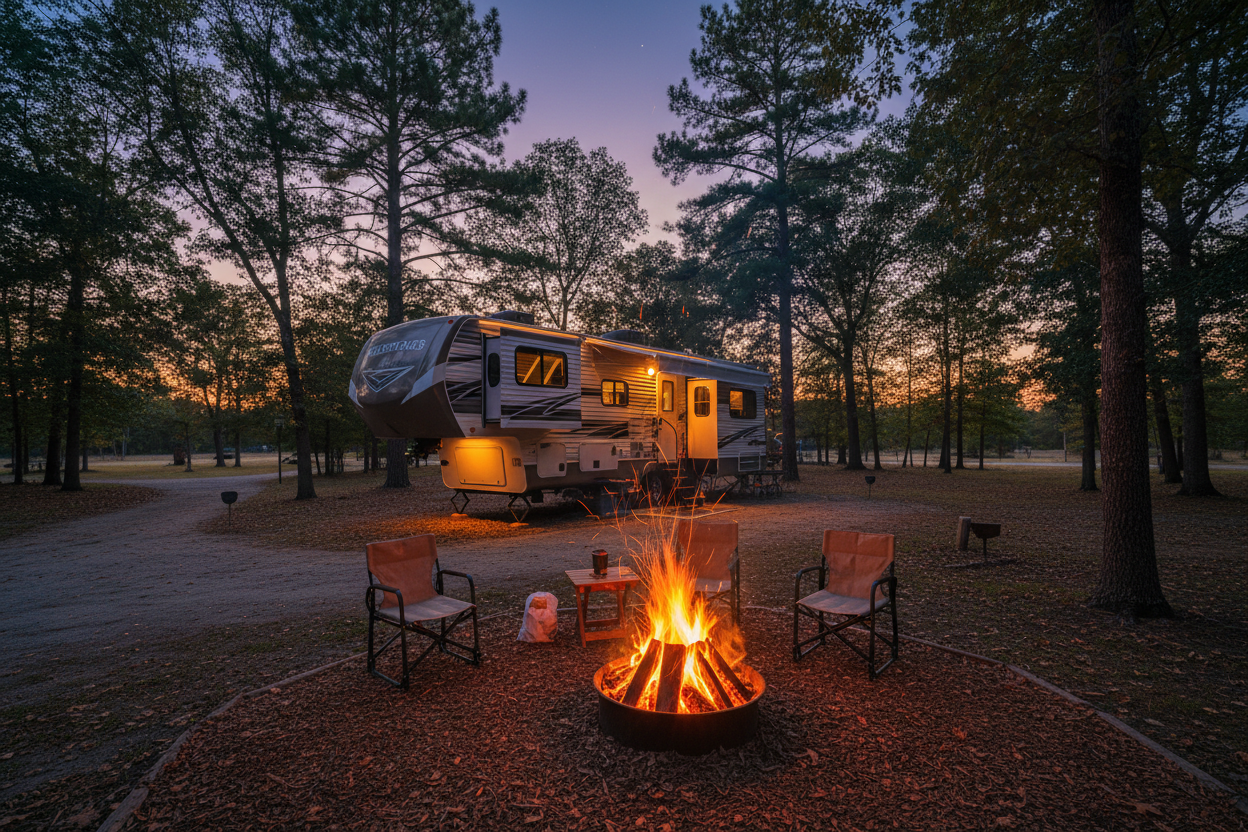 5th wheel camper at a campground by a bonfire