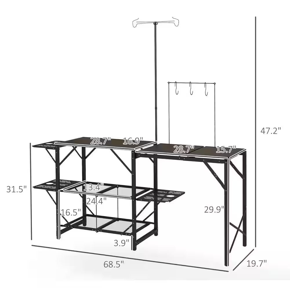 68.5 In. Black Rectangular Iron Picnic Table with Lantern Holder, Hooks and Carrying Bag for Outdoor, Picnic and BBQ