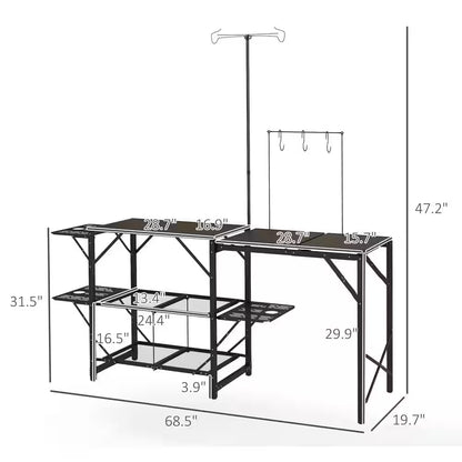68.5 In. Black Rectangular Iron Picnic Table with Lantern Holder, Hooks and Carrying Bag for Outdoor, Picnic and BBQ