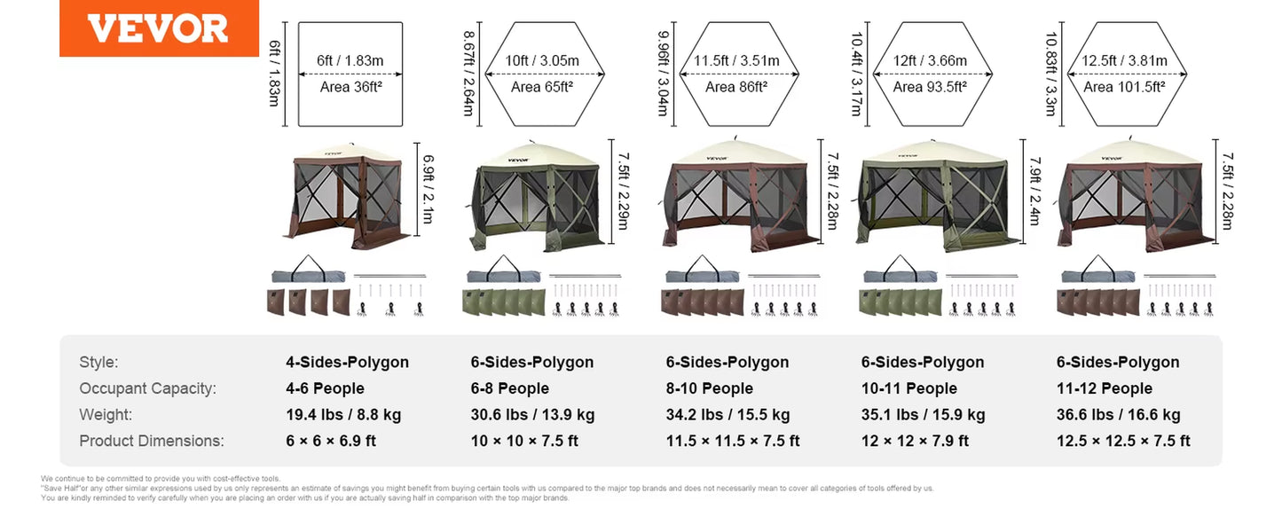 Pop up Gazebo Tent Pop-Up Screen Tent 6 Sided Canopy Sun Shelter with 6 Removable Privacy Wind Cloths & Mesh Windows
