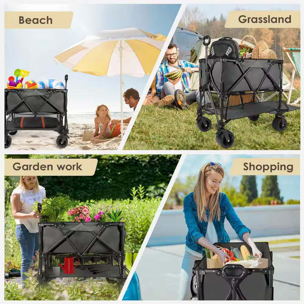 10 Cu. Ft. Foldable Wagon Cart, Black Metal, 550 Lbs. Capacity, Collapsible, Heavy Duty for Yard Work and Outdoor Use
