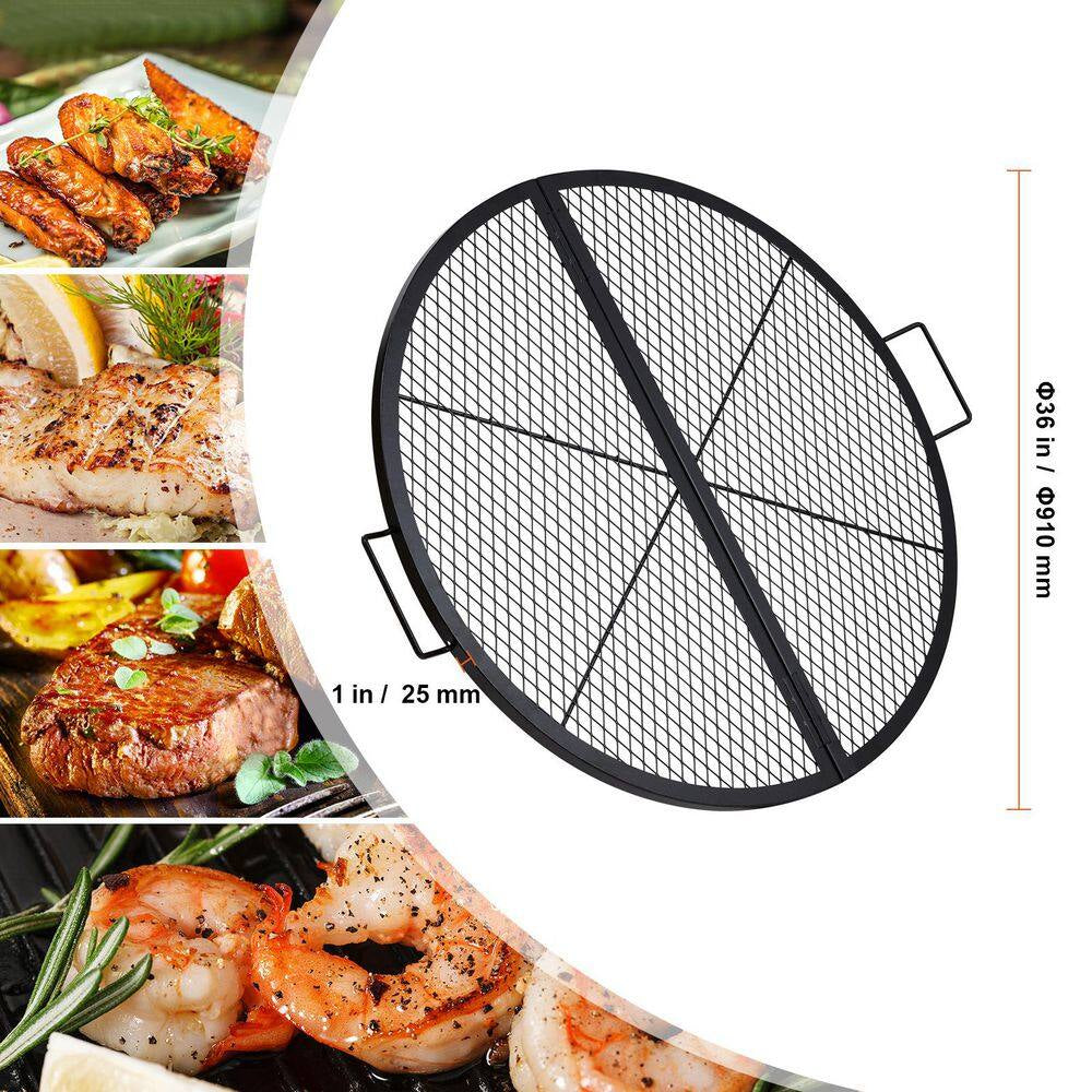 X-Marks Fire Pit Grill Grate, Foldable round Cooking Grate, Heavy Duty Steel Campfire BBQ Grill Grid with Handle