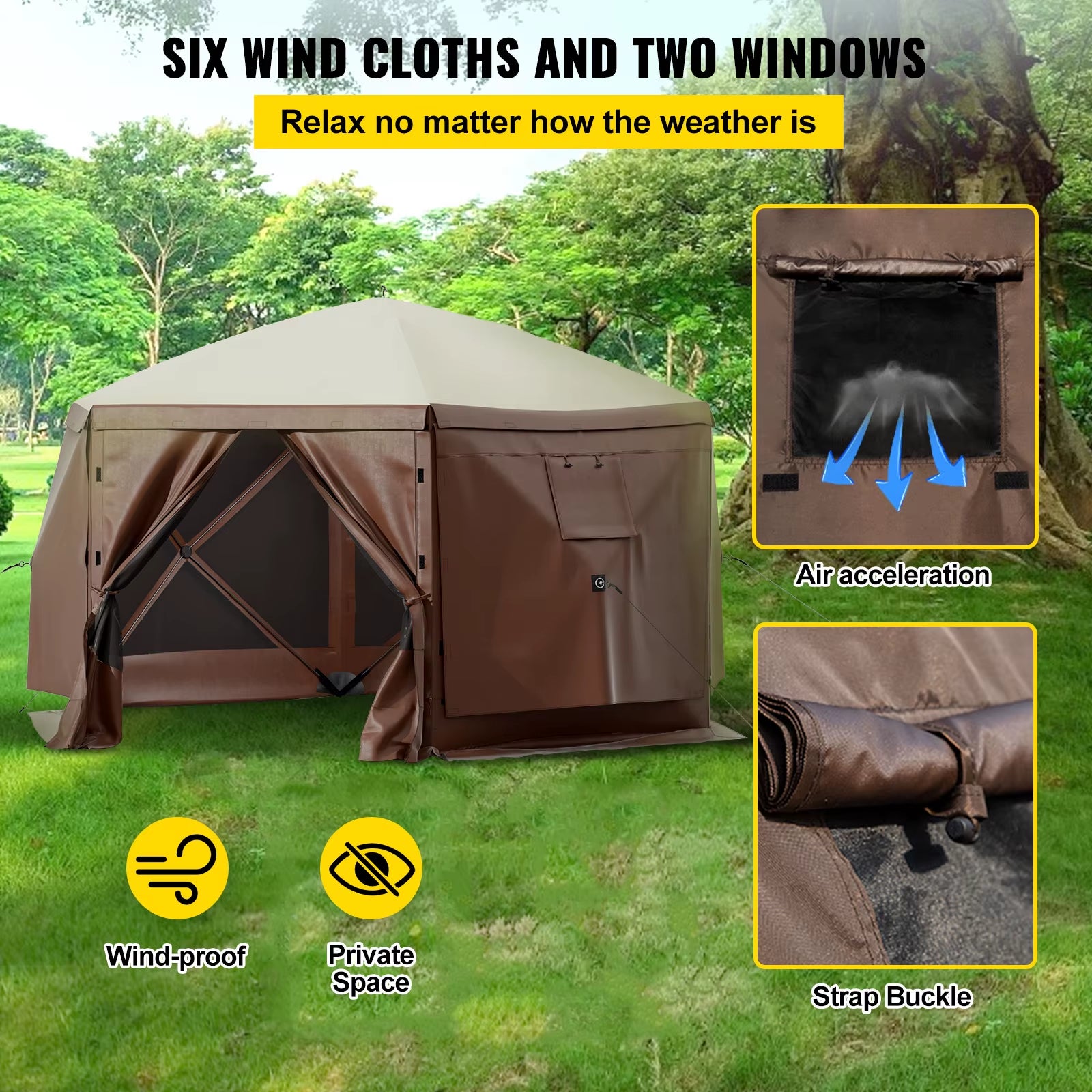 Pop-Up Camping Gazebo Camping Canopy Shelter 6 Sided 12' X 12' Sun Shade Tents & Canopies Camping & Hiking