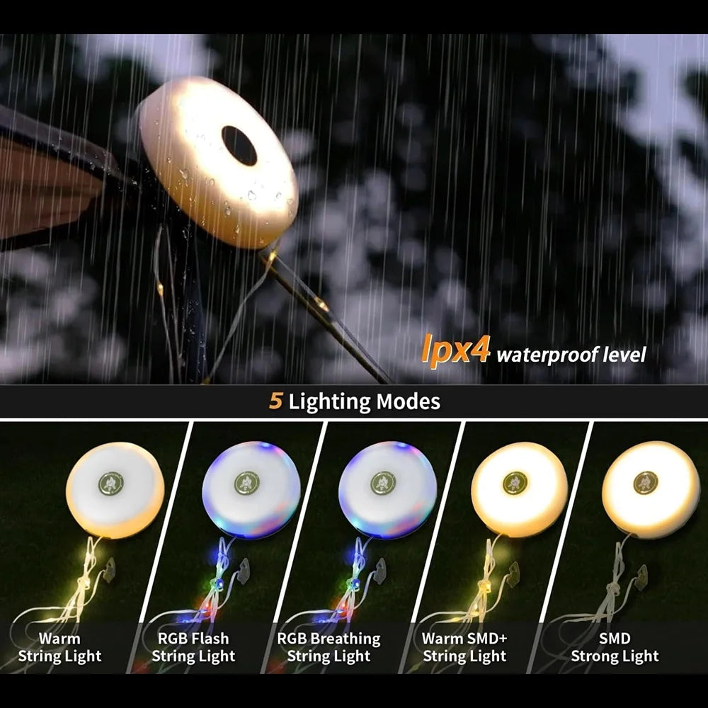 2 in 1 Camping String Light, 32.8Ft Outdoor Camping Light with RGB & Warm Lighting Color, Rechargeable Outdoor Camping String Light with Flashlight for Tent Camping Hiking Mountaining Picnic