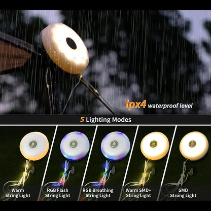 2 in 1 Camping String Light, 32.8Ft Outdoor Camping Light with RGB & Warm Lighting Color, Rechargeable Outdoor Camping String Light with Flashlight for Tent Camping Hiking Mountaining Picnic