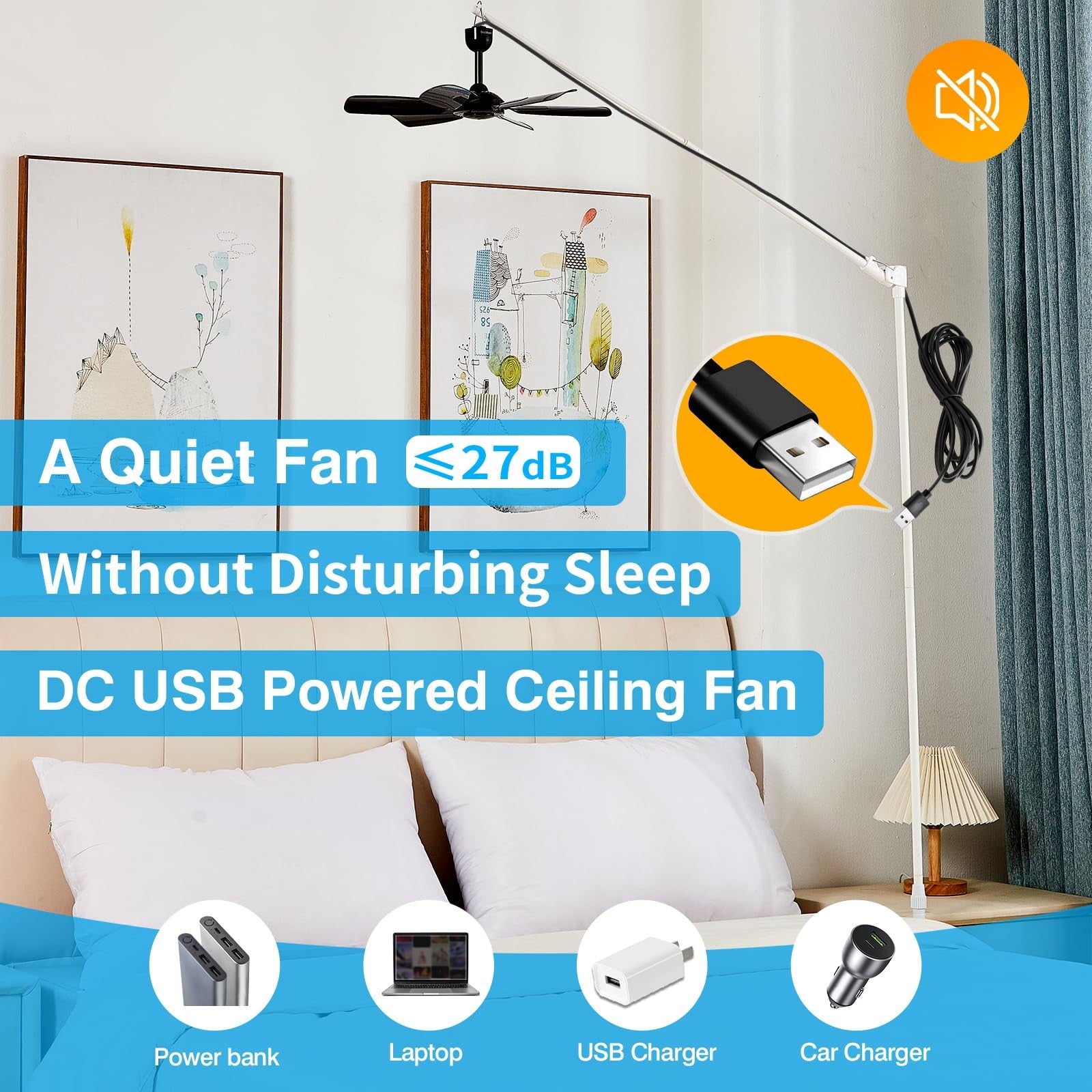 17.7" Portable Ceiling Fan, USB Plug In, 5V DC Powered, 6 Blades, Canopy, Gazebo