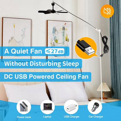 17.7" Portable Ceiling Fan, USB Plug In, 5V DC Powered, 6 Blades, Canopy, Gazebo