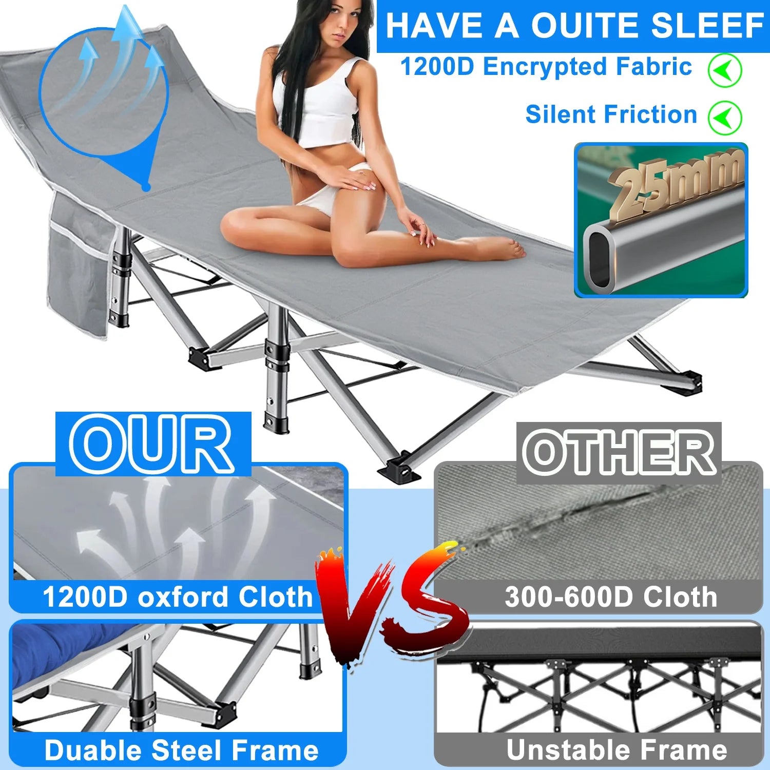Folding Camping Cot with Pillow, 75" X 28" Heavy Duty Folding Bed Cot with Carry Bag for Traveling Camp Office