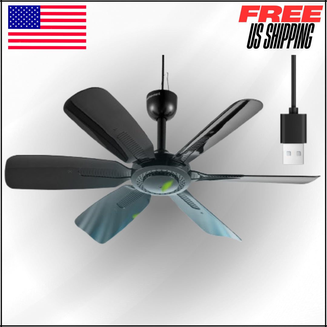 17.7" Portable Ceiling Fan, USB Plug In, 5V DC Powered, 6 Blades, Canopy, Gazebo