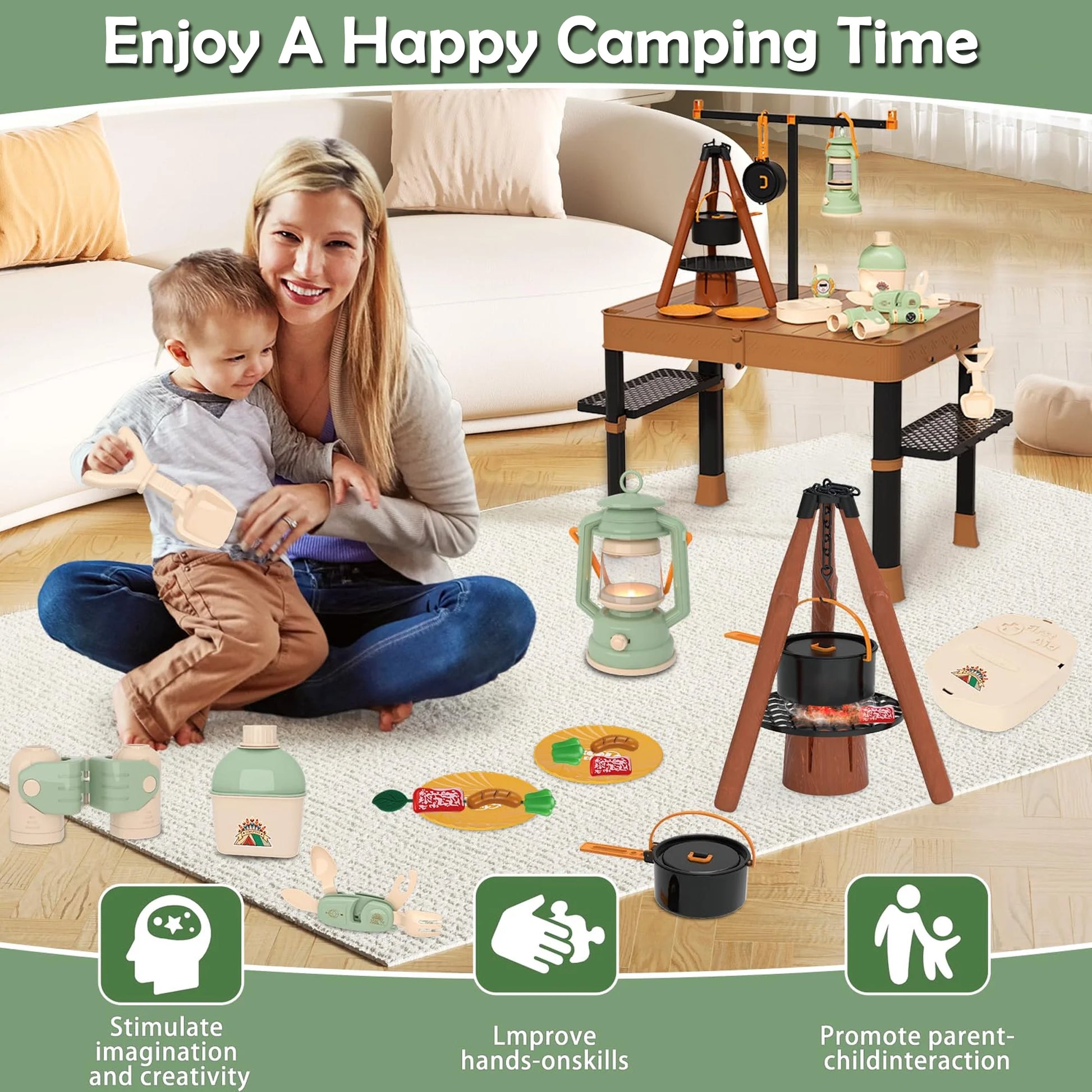 Kids Camping Toy with Folding Storage Table, Pretend Play Toys with Play Food Toddler Toys for Boys Girls 3-5 Year