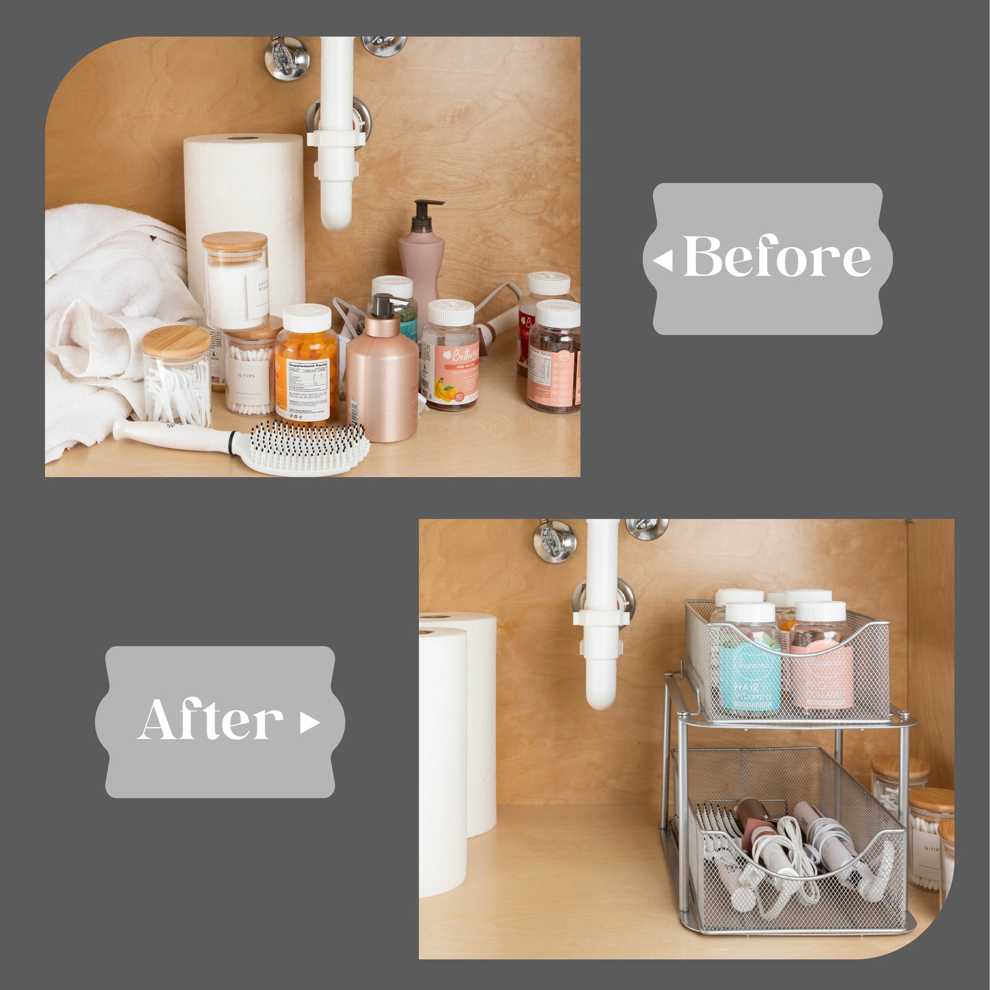 2 Tier under Sink Bathroom Organizers and Storage (2 Pack) - 14" L X 9.3" W X 12.25" H