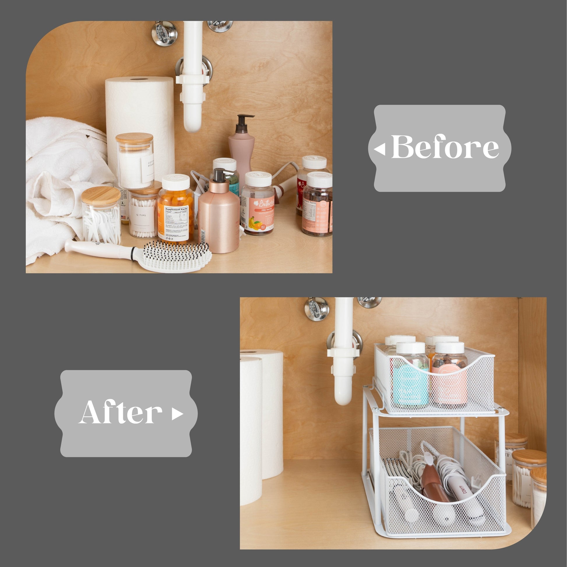 2 Tier under Sink Bathroom Organizers and Storage (2 Pack) - 14" L X 9.3" W X 12.25" H