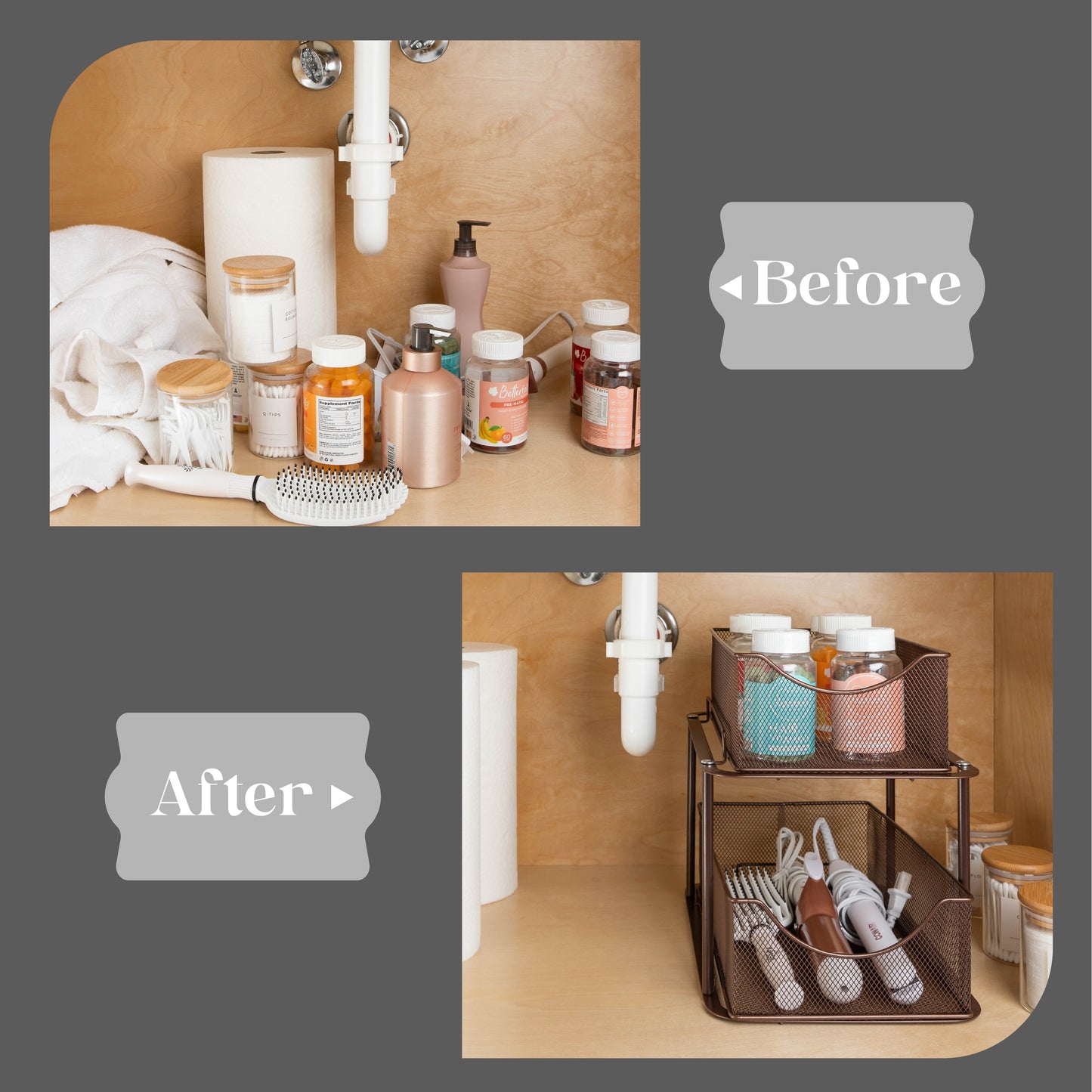 2 Tier under Sink Bathroom Organizers and Storage (2 Pack) - 14" L X 9.3" W X 12.25" H