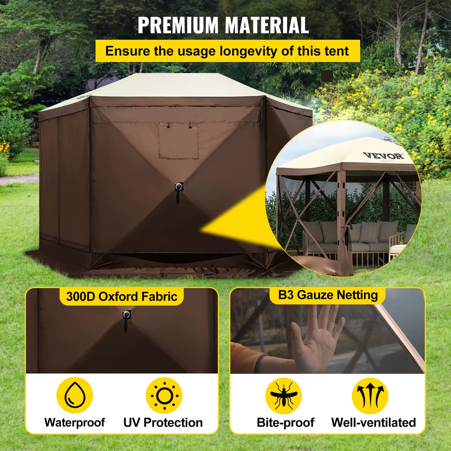 Pop-Up Camping Gazebo Camping Canopy Shelter 6 Sided 12' X 12' Sun Shade Tents & Canopies Camping & Hiking