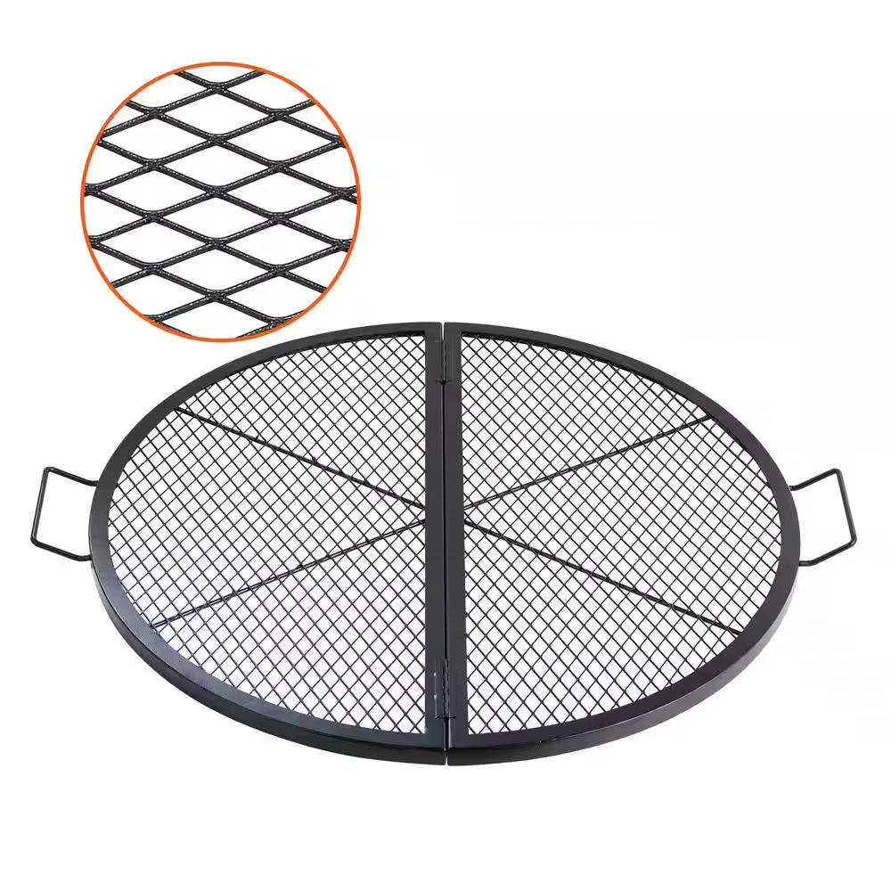 X-Marks Fire Pit Grill Grate, Foldable round Cooking Grate, Heavy Duty Steel Campfire BBQ Grill Grid with Handle