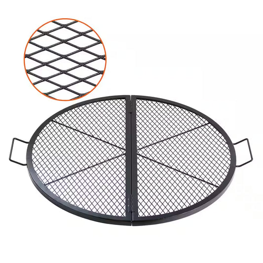 X-Marks Fire Pit Grill Grate, Foldable round Cooking Grate, Heavy Duty Steel Campfire BBQ Grill Grid with Handle