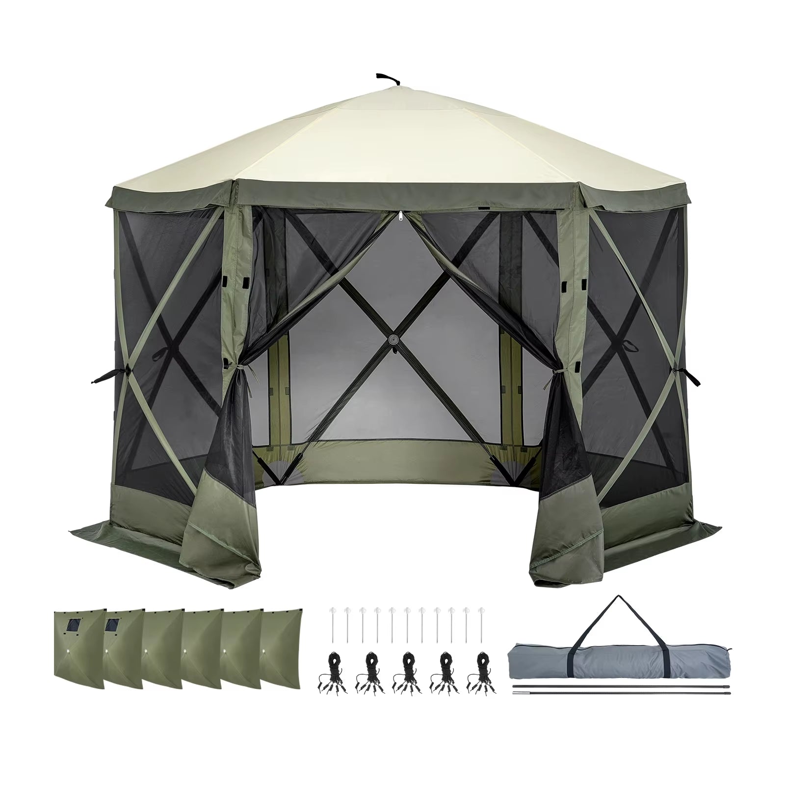 Pop up Gazebo Tent Pop-Up Screen Tent 6 Sided Canopy Sun Shelter with 6 Removable Privacy Wind Cloths & Mesh Windows