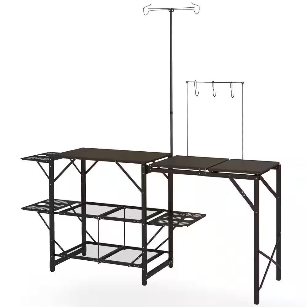 68.5 In. Black Rectangular Iron Picnic Table with Lantern Holder, Hooks and Carrying Bag for Outdoor, Picnic and BBQ
