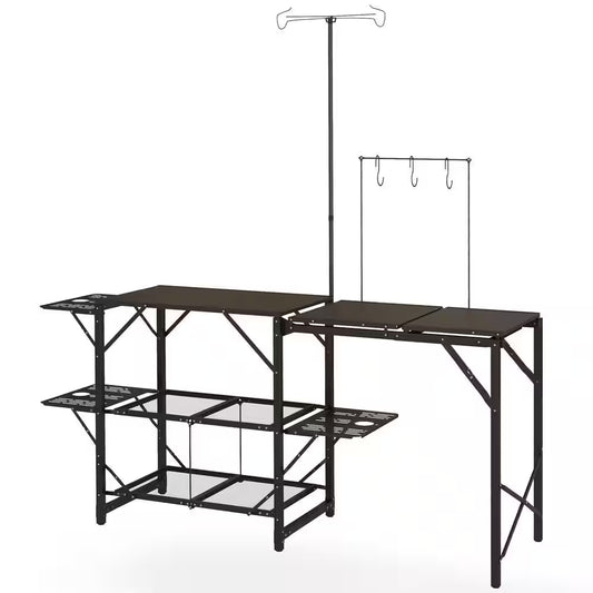 68.5 In. Black Rectangular Iron Picnic Table with Lantern Holder, Hooks and Carrying Bag for Outdoor, Picnic and BBQ