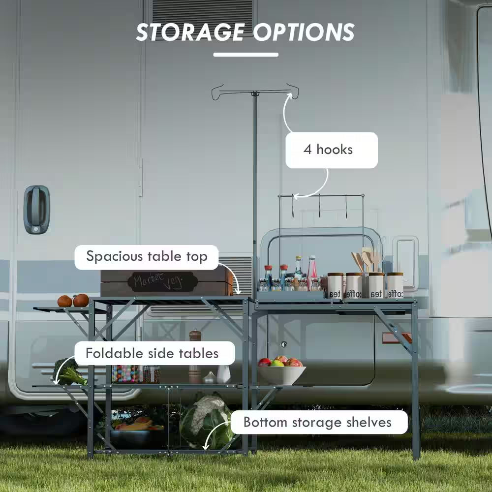 68.5 In. Black Rectangular Iron Picnic Table with Lantern Holder, Hooks and Carrying Bag for Outdoor, Picnic and BBQ