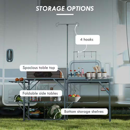 68.5 In. Black Rectangular Iron Picnic Table with Lantern Holder, Hooks and Carrying Bag for Outdoor, Picnic and BBQ