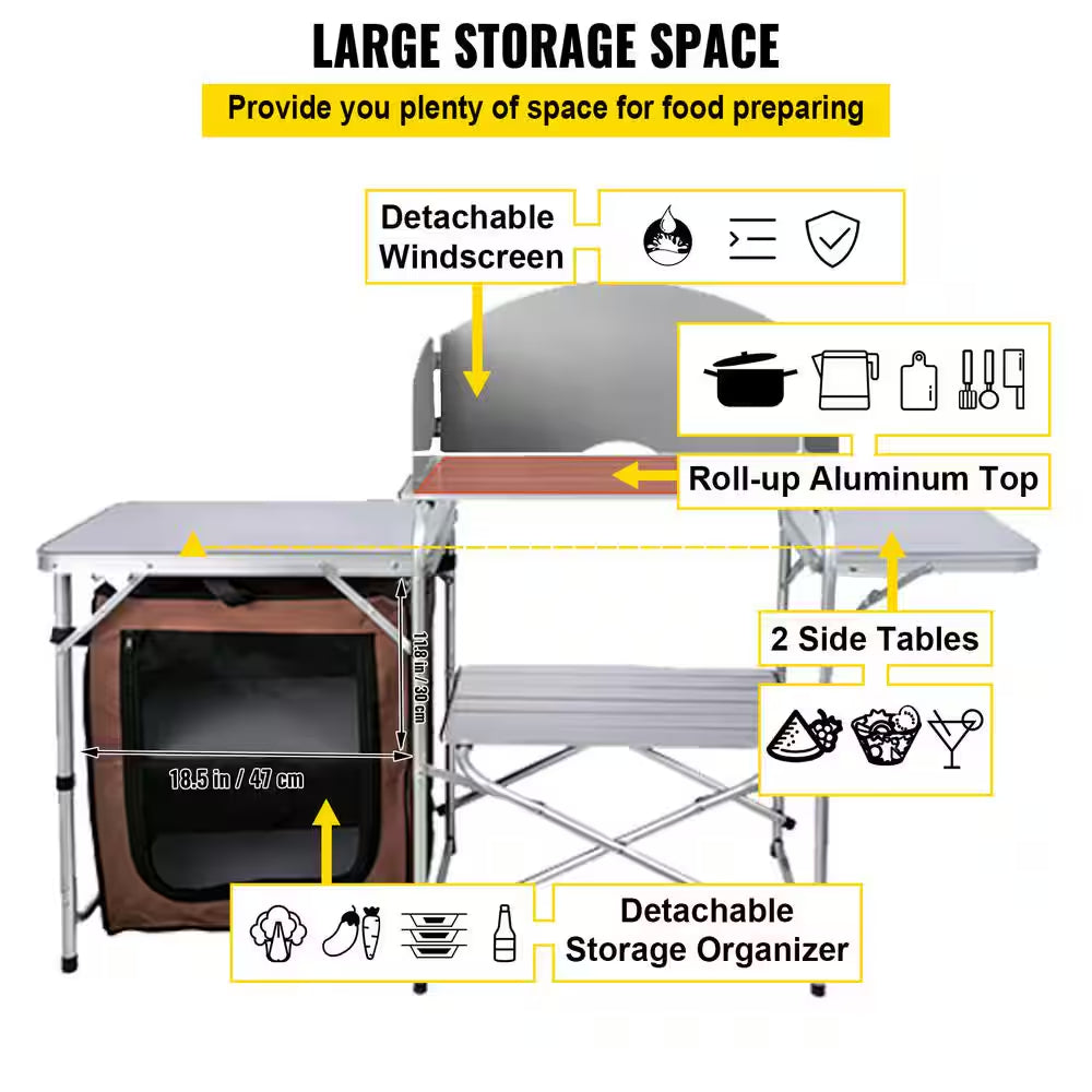 Outdoor 2-Tier Kitchen with Zippered Bag, Portable Folding Cook Table for BBQ, Party and Camping, Brown