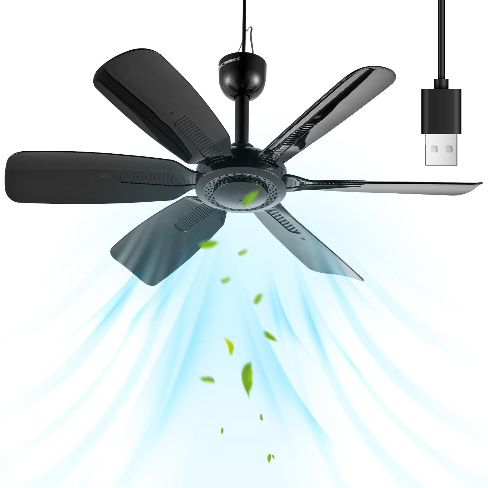 17.7" Portable Ceiling Fan, USB Plug In, 5V DC Powered, 6 Blades, Canopy, Gazebo