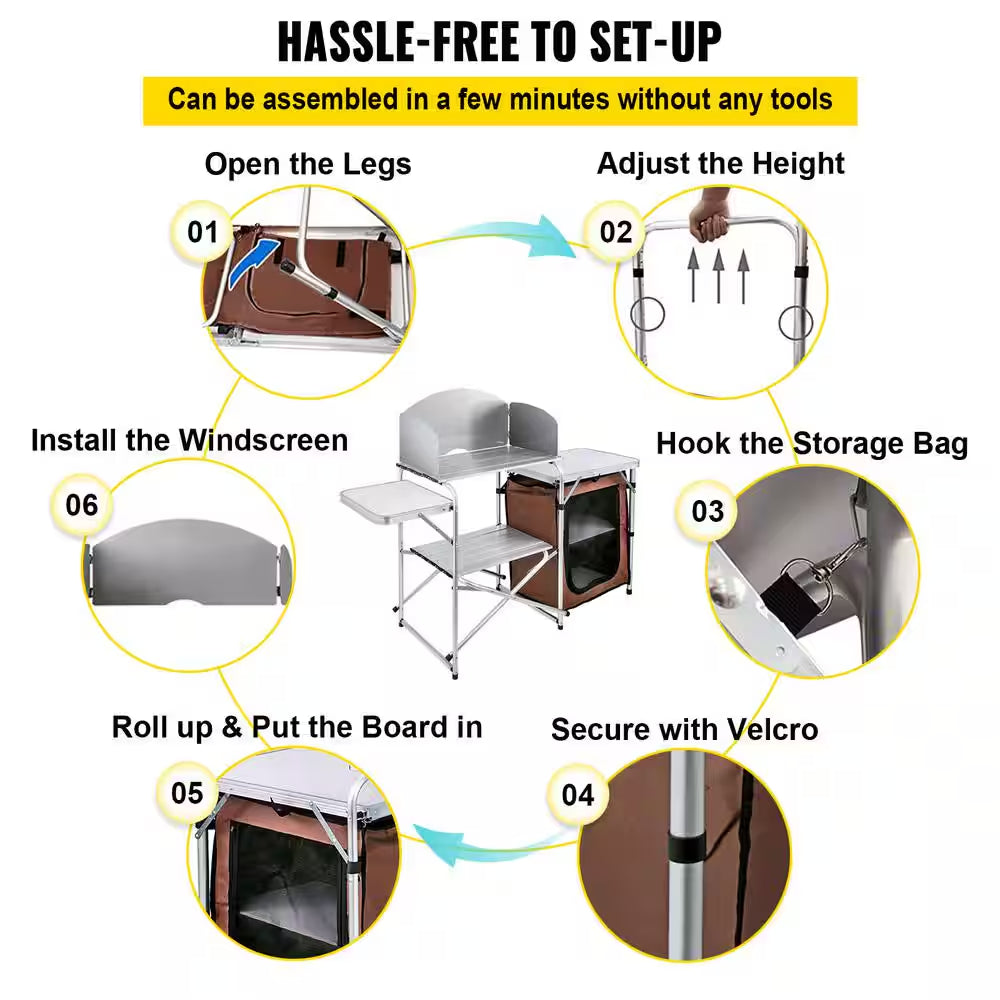 Outdoor 2-Tier Kitchen with Zippered Bag, Portable Folding Cook Table for BBQ, Party and Camping, Brown