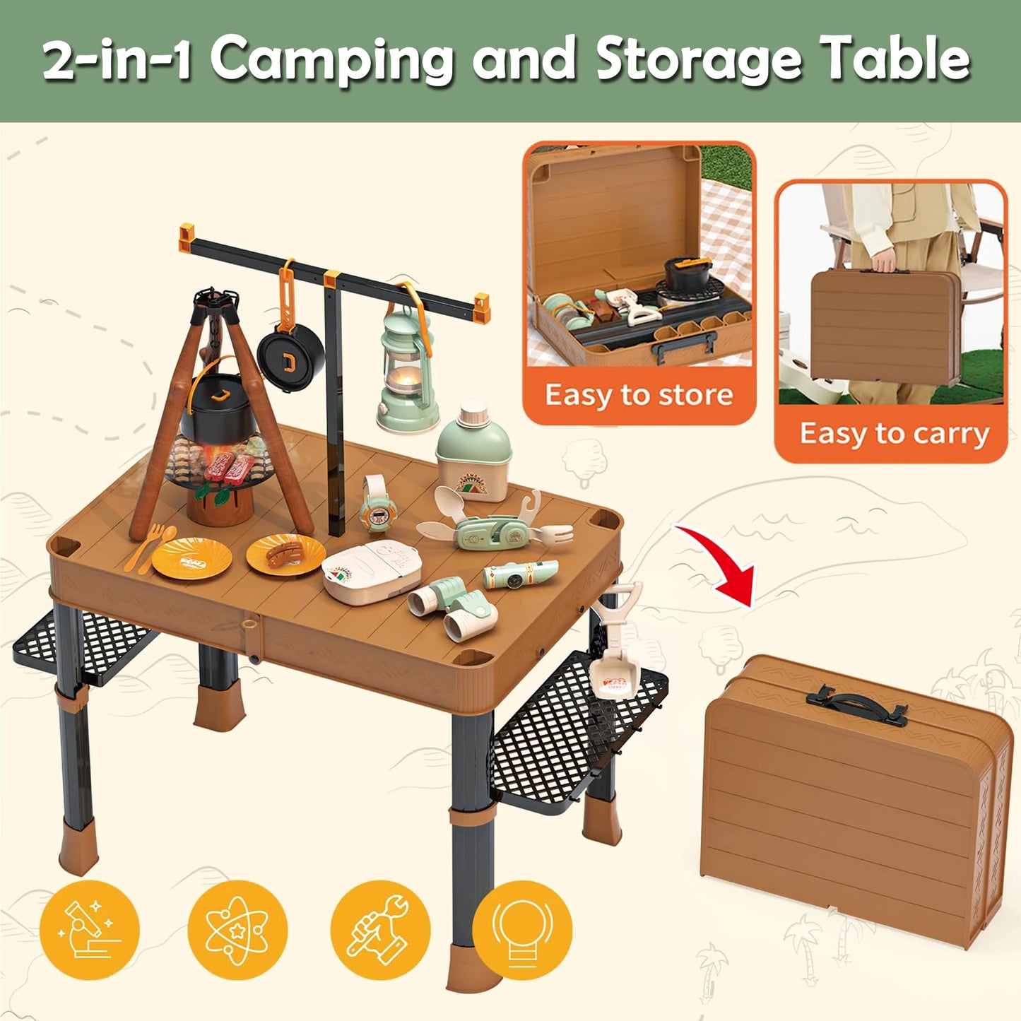 Kids Camping Toy with Folding Storage Table, Pretend Play Toys with Play Food Toddler Toys for Boys Girls 3-5 Year