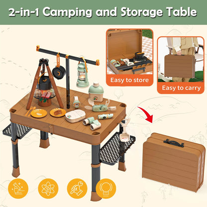 Kids Camping Toy with Folding Storage Table, Pretend Play Toys with Play Food Toddler Toys for Boys Girls 3-5 Year